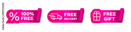 Free delivery pink sticker for business with smooth gradient. Pink free gift label.