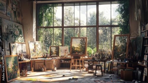 An artists studio with large windows allowing natural light to flood in, illuminating canvases and paint supplies, capturing the essence of creativity.