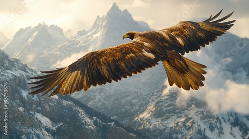 A powerful eagle soaring above vast scenic mountain views wallpaper