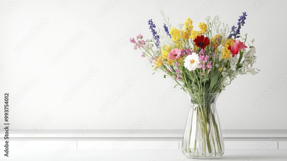 An elegant glass vase showcasing a colorful bouquet of wildflowers, set against a minimalist backdrop of white walls and a sleek countertop. An elegant glass vase showcasing a colorful bouquet of wildflowers, set against a minimalist backdrop of white walls and a sleek countertop.