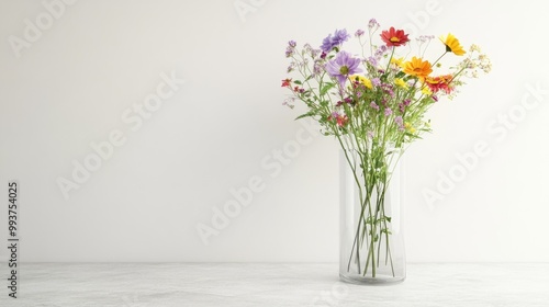 Wallpaper Mural An elegant glass vase showcasing a colorful bouquet of wildflowers, set against a minimalist backdrop of white walls and a sleek countertop. Torontodigital.ca