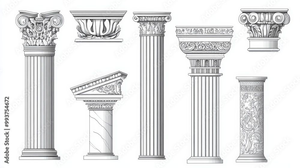 Fototapeta premium Vector icons depicting ancient Greek and Roman architecture, including line art illustrations of marble pillars, columns, and ornate cornices.