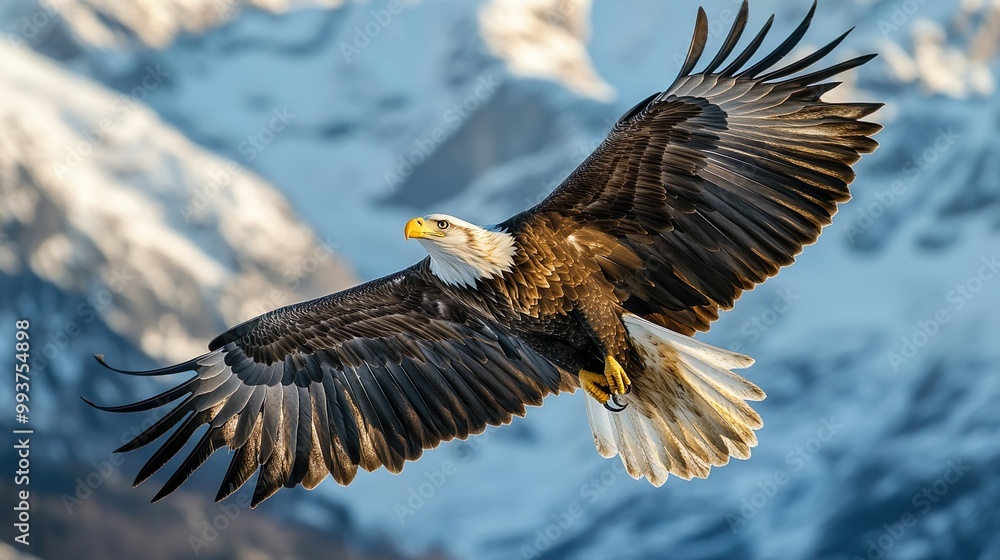Fototapeta premium A majestic eagle soaring proudly over towering mountain landscape wallpaper