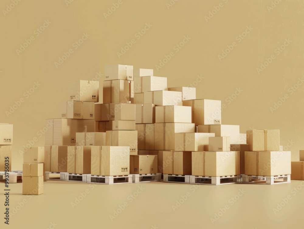 A large stack of cardboard boxes on pallets against a plain background. A large stack of cardboard boxes on pallets against a plain background.