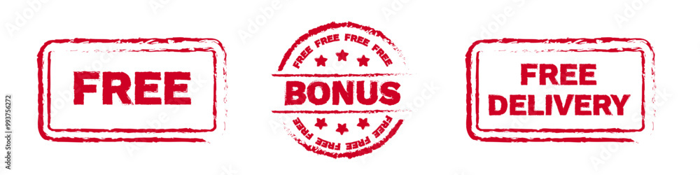 Free red sticker stamp for marketplace. Old free coupon pack with special offer. Free red sticker stamp for marketplace. Old free coupon pack with special offer.