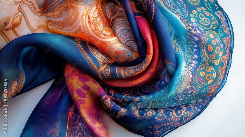 Vibrant Arabic scarf in intricate patterns and hues, captured against a pristine white backdrop, showcasing its cultural allure. Vibrant Arabic scarf in intricate patterns and hues, captured against a pristine white backdrop, showcasing its cultural allure.