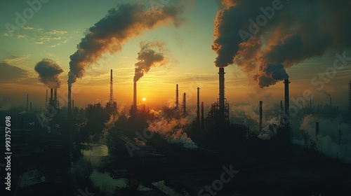 Industrial Sunset with Smoke Stacks and Pollution