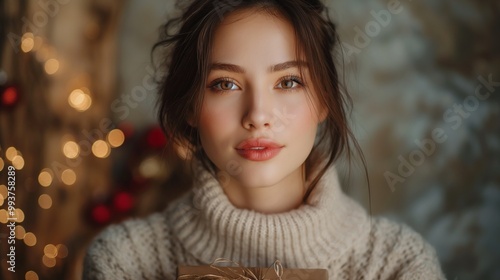 Wallpaper Mural A woman with lush lips in a cozy sweater holds a present, glowing against a festive bokeh background. Torontodigital.ca
