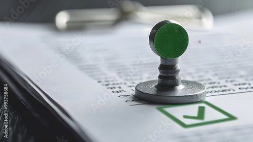 Close-up of a document with a green check mark stamp on it, indicating approval or compliance with specified standards. photo