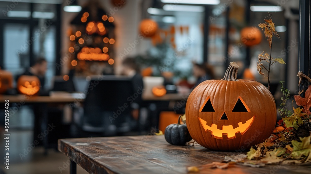 Fototapeta premium Spooky Business Affairs: Professional Office interior Celebrates Halloween with Costumes and Decor