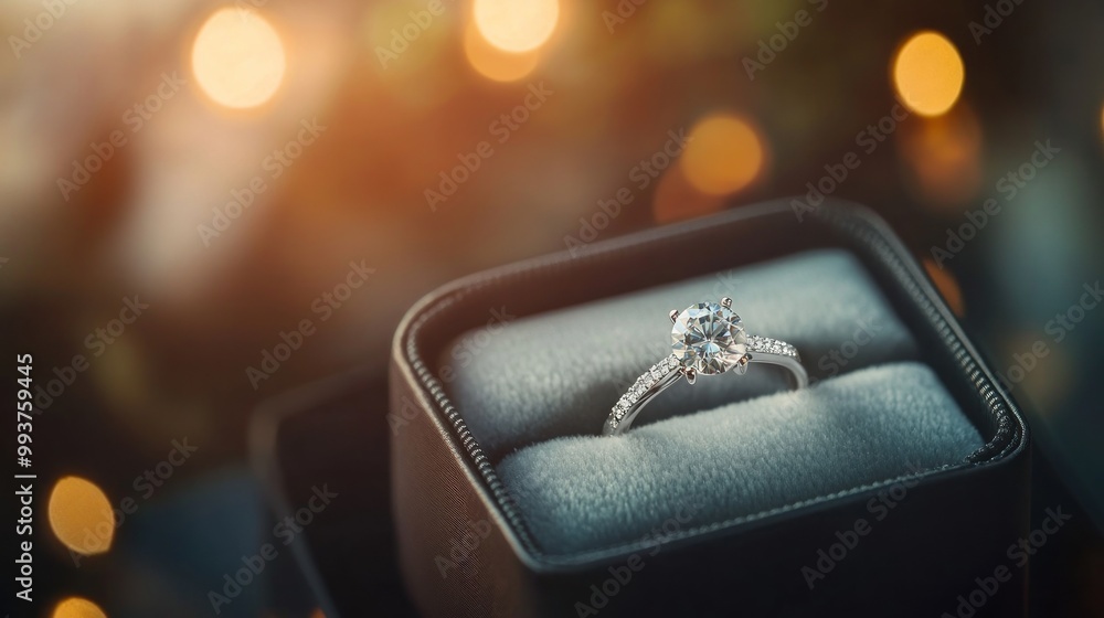 A diamond engagement ring displayed in a black velvet box with a bokeh background. A diamond engagement ring displayed in a black velvet box with a bokeh background.
