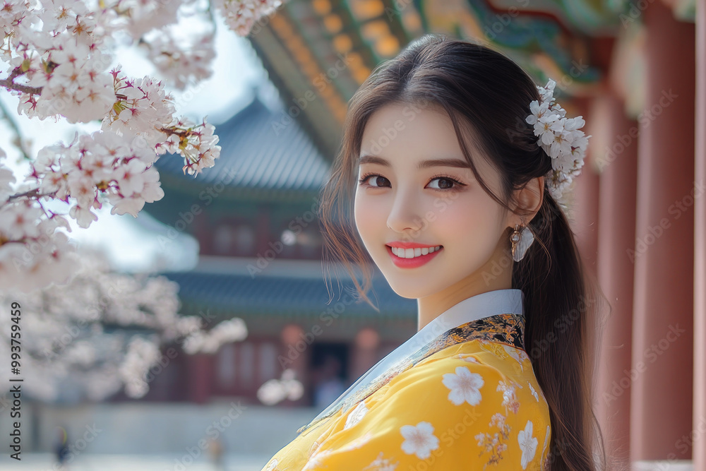 Fototapeta premium Hispanic woman smile wearing traditional korean hanbok cloth in cherry blossom