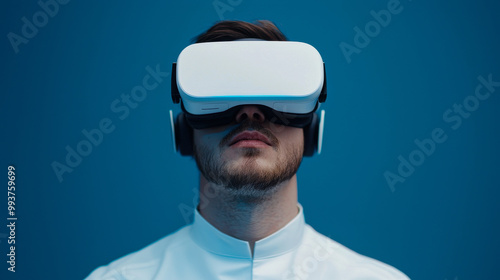 Immersed in technology, man wears virtual reality headset, showcasing fusion of human experience and digital innovation. blue background enhances futuristic vibe