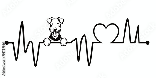 Heartbeat line with Airedale Terrier Dog Peeking, Dog and Heartbeat frequency with Heart Love Vector illustration
