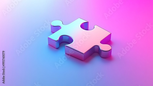 A single, metallic silver puzzle piece on a pink and blue gradient background.