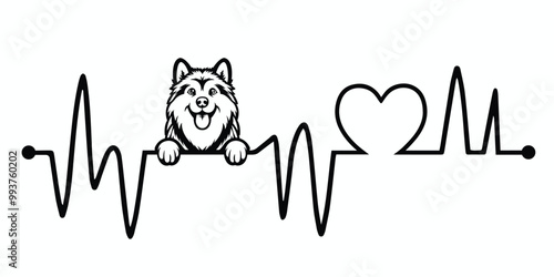 Heartbeat line with Alaskan Malamute Dog Peeking, Dog and Heartbeat frequency with Heart Love Vector illustration
