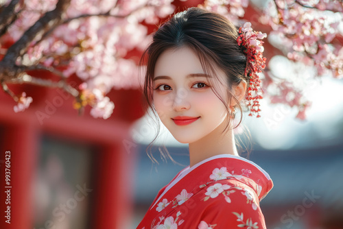 Japanese woman smile wearing traditional korean hanbok cloth in cherry blossom