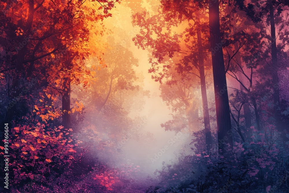 Misty Autumn Forest Path with Golden Light Misty Autumn Forest Path with Golden Light