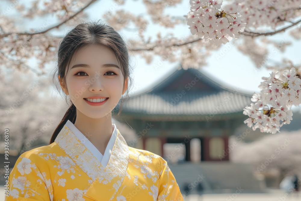 Malay woman smile wearing traditional korean hanbok cloth in cherry blossom Malay woman smile wearing traditional korean hanbok cloth in cherry blossom