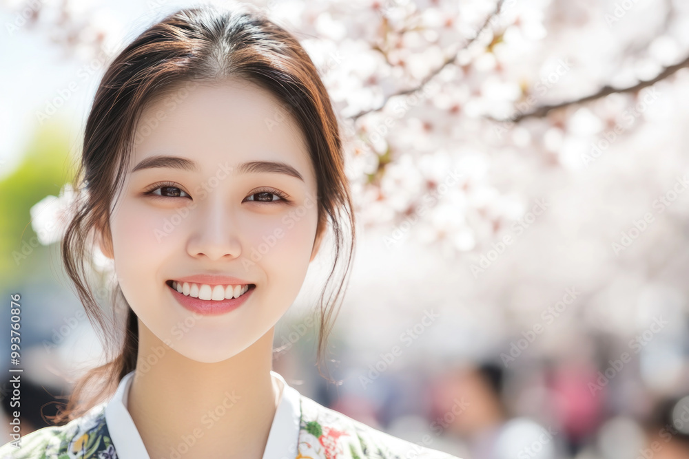Malay woman smile wearing traditional korean hanbok cloth in cherry blossom Malay woman smile wearing traditional korean hanbok cloth in cherry blossom