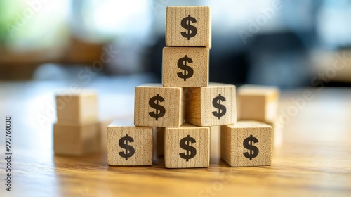 Wooden blocks with cash icon symbolize financial growth and economic prosperity. They represent money management and the concept of multiplying wealth in finance and banking.