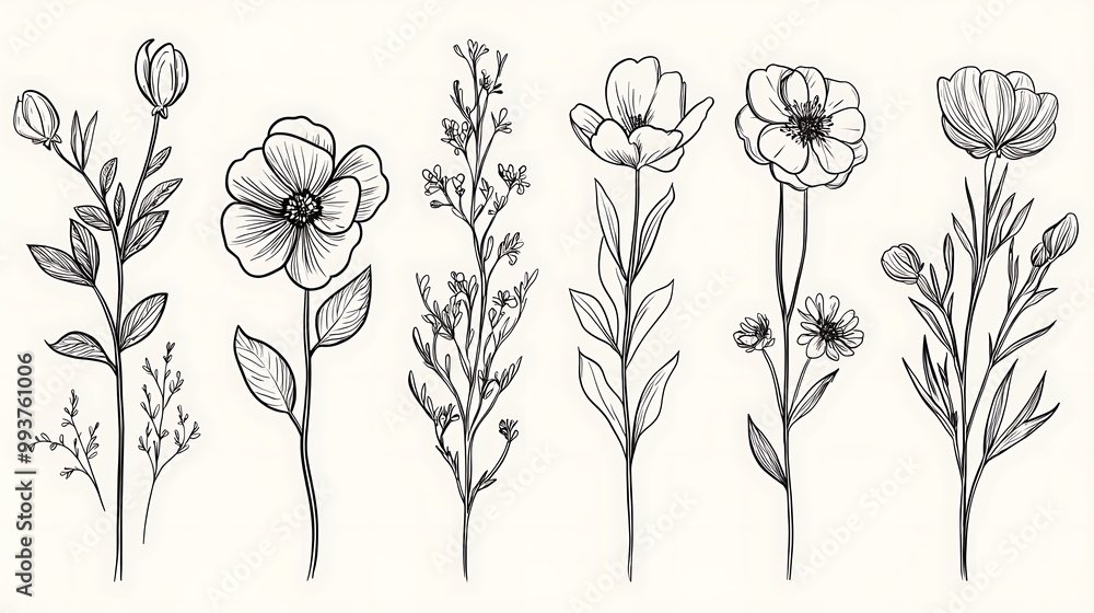 Floral doodles, elegant line art, simple flowers Floral doodles, elegant line art, simple flowers