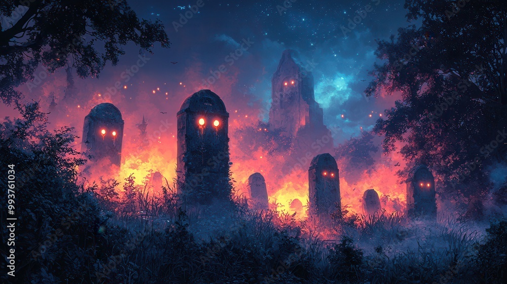 Haunting Graveyard at Night with Glowing Eyes Haunting Graveyard at Night with Glowing Eyes