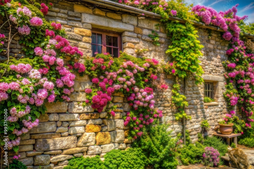 Fototapeta premium Stone cottage covered in pink flowers and lush greenery