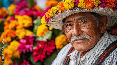 Elderly man with floral decorations, Dia de los Muertos, Mexico, cultural celebration