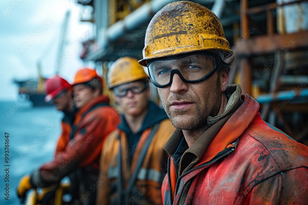 Offshore workers geared up for a challenging day on the oil platform, showing unity and determination. Offshore workers geared up for a challenging day on the oil platform, showing unity and determination.