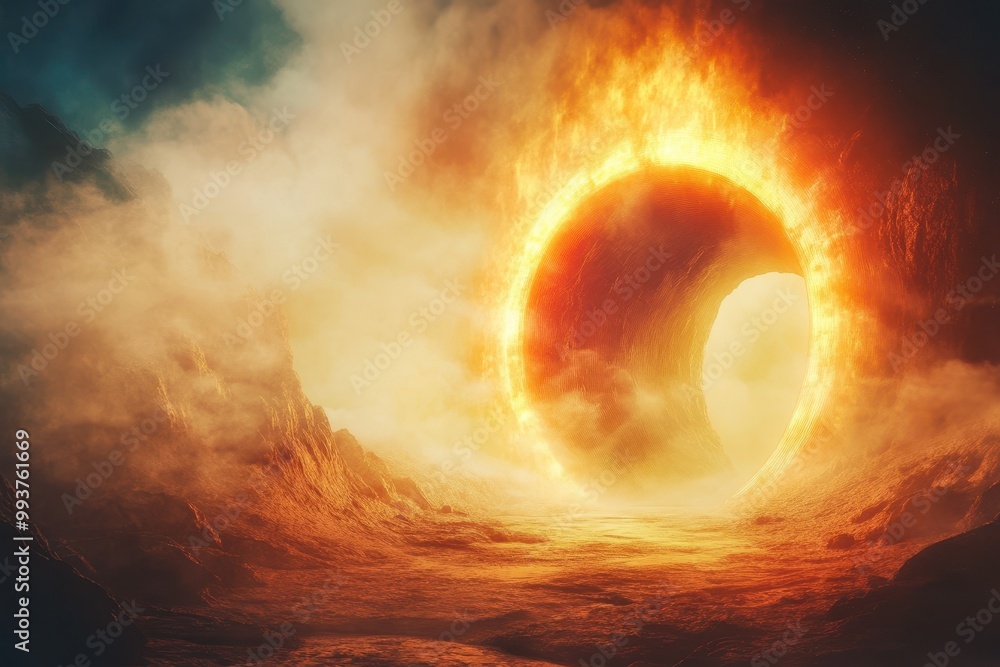 A fiery ring-shaped portal in a misty landscape A fiery ring-shaped portal in a misty landscape