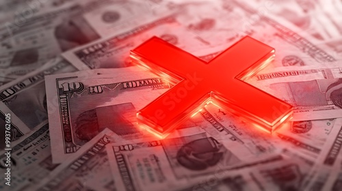 A red glowing 'X' mark over a pile of dollar bills. photo