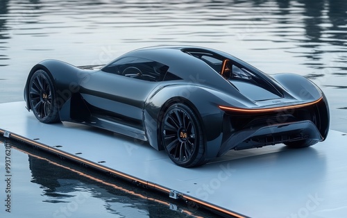 Futuristic sports car, sleek design, dark gray body, rests on a platform above calm water. A glimpse into the automotive future. photo