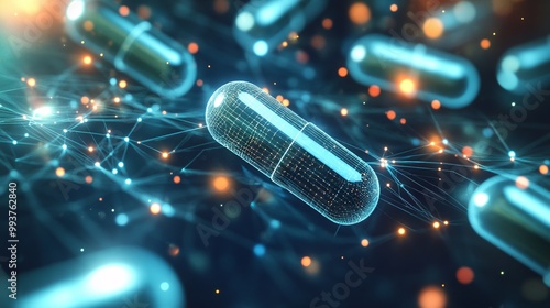 Futuristic Medicine Pills with Digital Connections. AI generated illustration