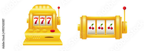Golden slot machines with jackpot. Fortune machine with sevens and red cherries.