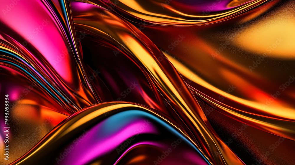 Obraz premium Vibrant abstract background featuring flowing waves of metallic colors, including shades of pink, orange, and gold, creating dynamic and energetic visual experience