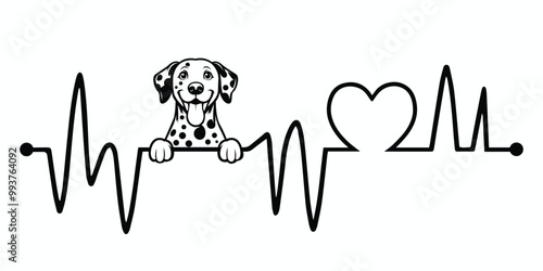 Heartbeat line with Dalmatian Dog Peeking, Dog and Heartbeat frequency with Heart Love Vector illustration
