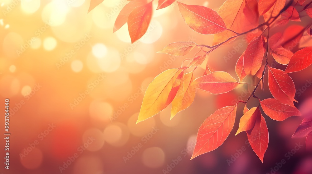 Fototapeta premium Autumn background with red and orange leaves and bokeh light effect. Autumn background with blurred nature scene