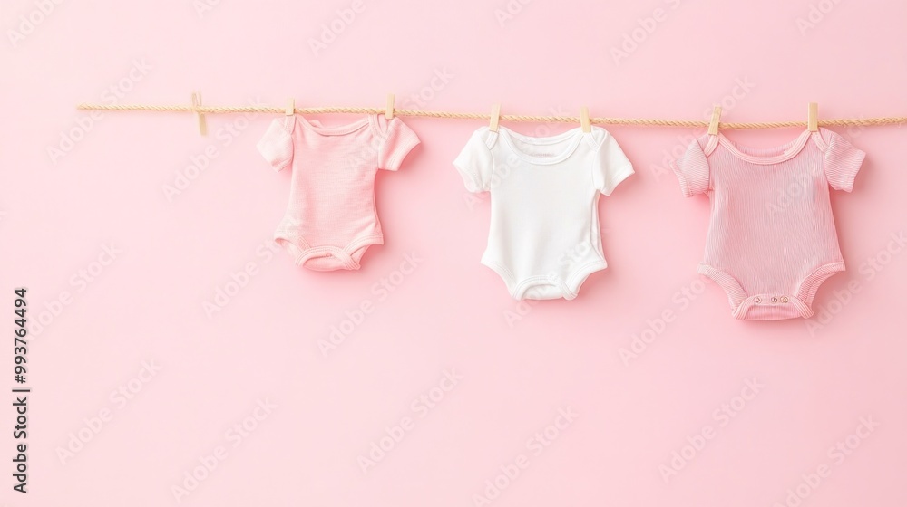 Three baby onesies hanging on a rope against a pink background. Three baby onesies hanging on a rope against a pink background.