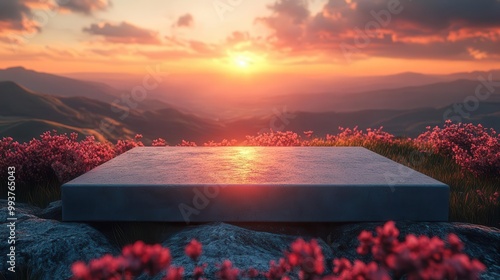 empty concrete tabletop positioned against a picturesque sky during sunset the contrast of solid stone and soft sunset hues creates a serene and inviting setting photo