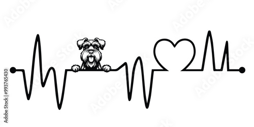 Heartbeat line with Giant Schnauzer Dog Peeking, Dog and Heartbeat frequency with Heart Love Vector illustration
