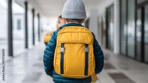 Morning drop-off at school, a parent lovingly waving goodbye, child with backpack in hand, bright sunshine illuminating the bustling school entrance, excitement in the air photo