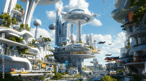 Futuristic Cityscape with Flying Vehicles