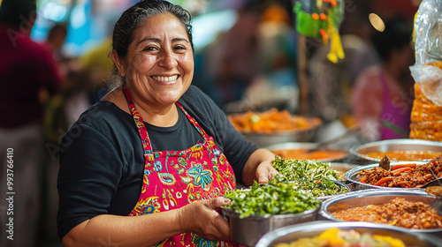 An hispanic happy and smiling woman making different Mexican street food on a selling market photo