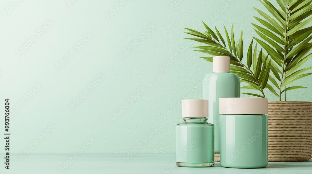 This image features elegant green beauty products displayed with a soft backdrop and a tropical plant, evoking feelings of tranquility and wellness. This image features elegant green beauty products displayed with a soft backdrop and a tropical plant, evoking feelings of tranquility and wellness.