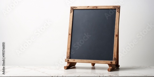 Blank Chalkboard Sign on Marble Table. photo