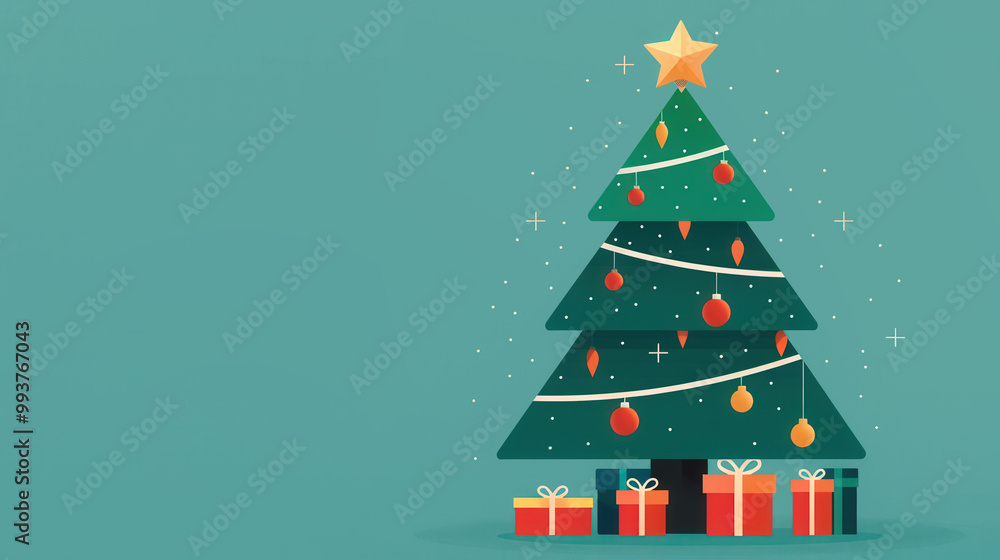 Fototapeta premium Festive Christmas Tree with a Shining Star and Colorful Gifts Beneath, Celebrating the Joy and Spirit of the Holiday Season