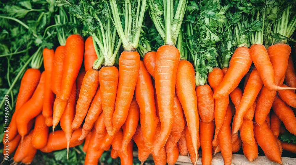 Freshly harvested carrots with striking orange hues stand upright, their lush green tops creating a stunning display at a lively market in the crisp autumn air Freshly harvested carrots with striking orange hues stand upright, their lush green tops creating a stunning display at a lively market in the crisp autumn air