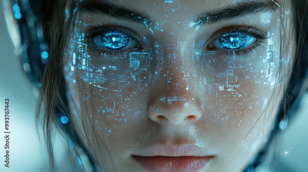female robot with integrated holograms and tech elements adorning her face set against a futuristic backdrop merging humanity with technology in a captivating way female robot with integrated holograms and tech elements adorning her face set against a futuristic backdrop merging humanity with technology in a captivating way