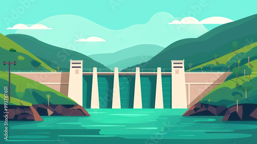 Eco Power Flow, a vibrant flat design illustration depicting a hydroelectric dam harnessing green energy, showcasing flowing water and lush surroundings for a sustainable future. photo